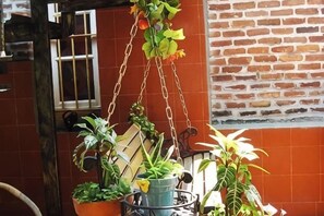 Arreglo de plantas colgantes con diversas macetas frente a un muro de ladrillo.
