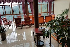 A room with a large window, several chairs, a table, and potted plants.