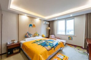 A hotel room with a bed, bedside table, lamp, chair, and a window with curtains.