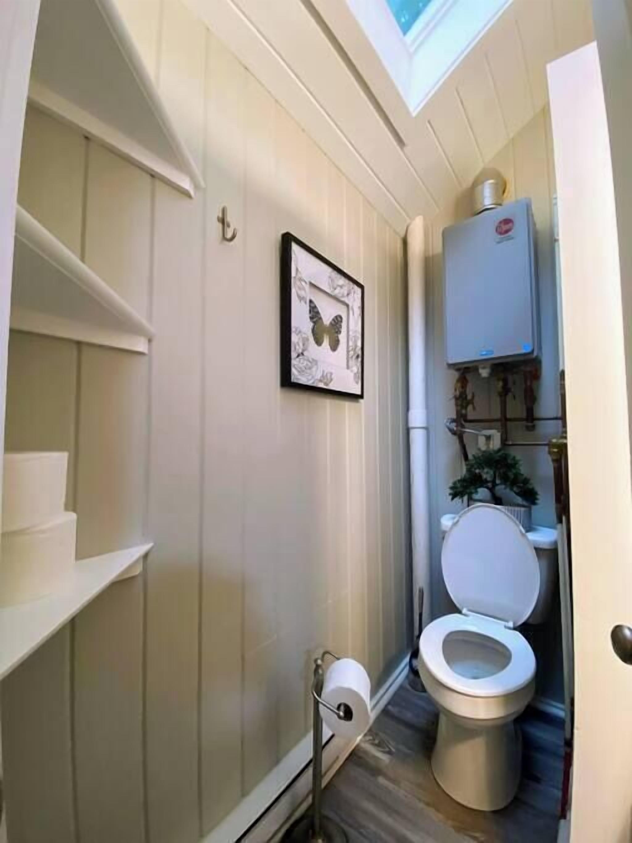 Een kleine badkamer met een toilet, een toiletrolhouder en een wanddecoratie van een vlinder in een lijst.