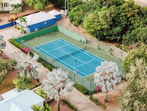 Un court de tennis entouré de verdure et un bâtiment bleu.