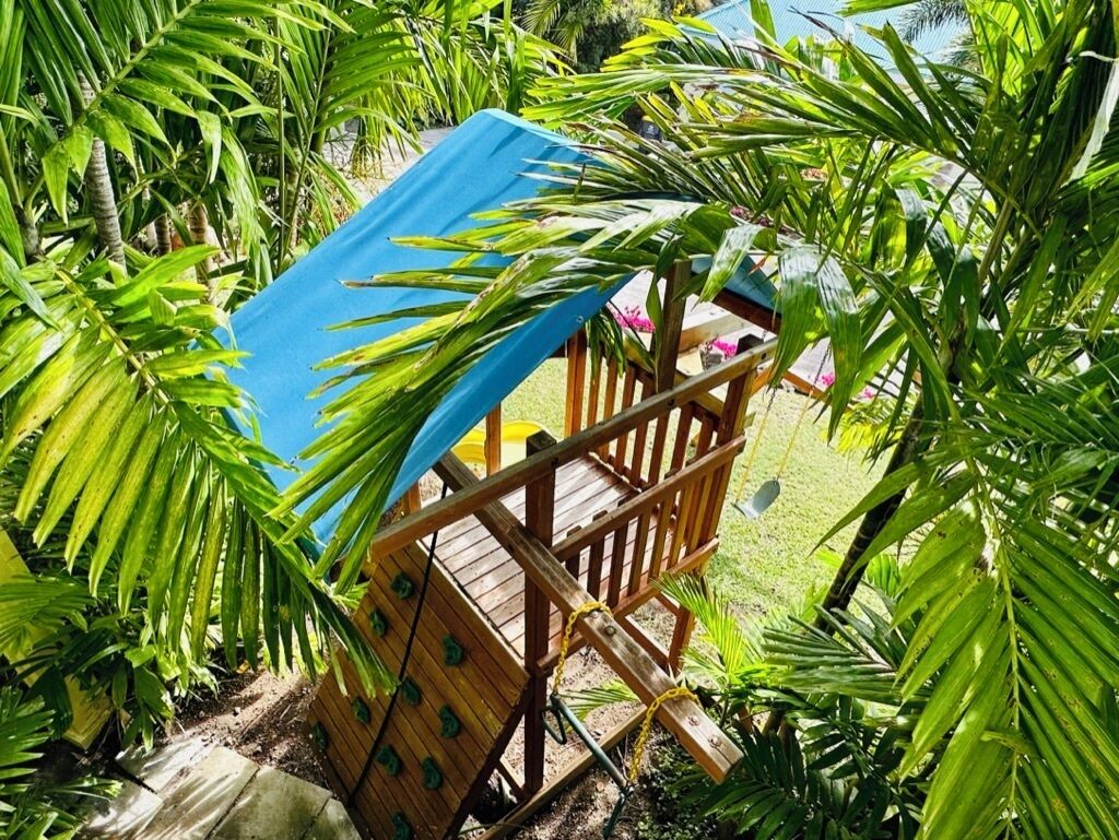 A wooden deck with a blue tarp, surrounded by lush green foliage.