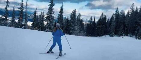 Una persona esquía por una pendiente nevada con árboles al fondo.
