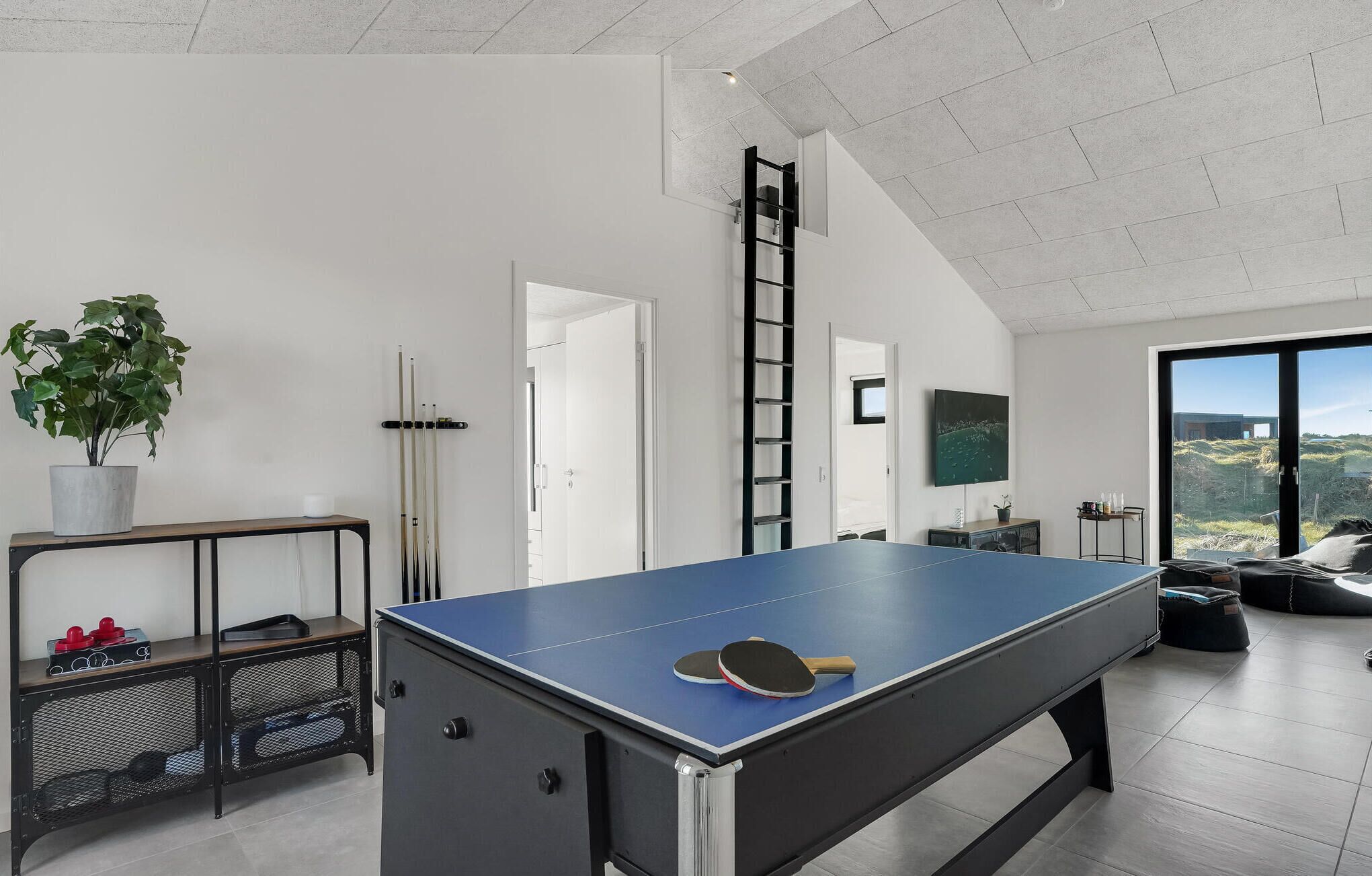 Een tafeltennistafel in een moderne kamer met een wit plafond, een ladder en uitzicht op een gebouw door een groot raam.