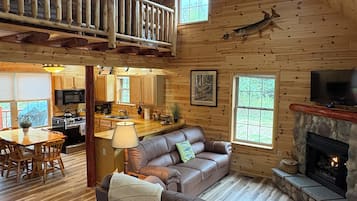 TV connectée, cheminée, livres