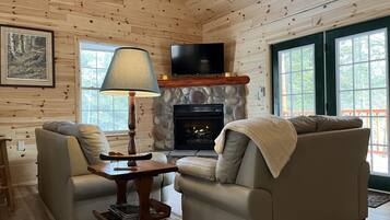 Smart TV, fireplace, books