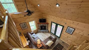 TV connectée, cheminée, livres