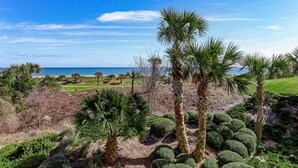 Un área ajardinada con palmeras y arbustos, un campo de golf al fondo, y un cielo azul despejado.