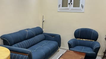 A living room with a blue sofa, a wooden coffee table, and a blue rug.
