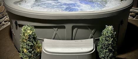 Un jacuzzi con asiento integrado y dos pequeñas macetas.