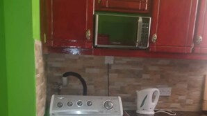A compact kitchen with a white washing machine, a microwave, and a kettle on the countertop. - Corinth Convinced Apartment One (Gros Islet)