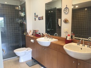 Shower, jetted bath, hair dryer, towels