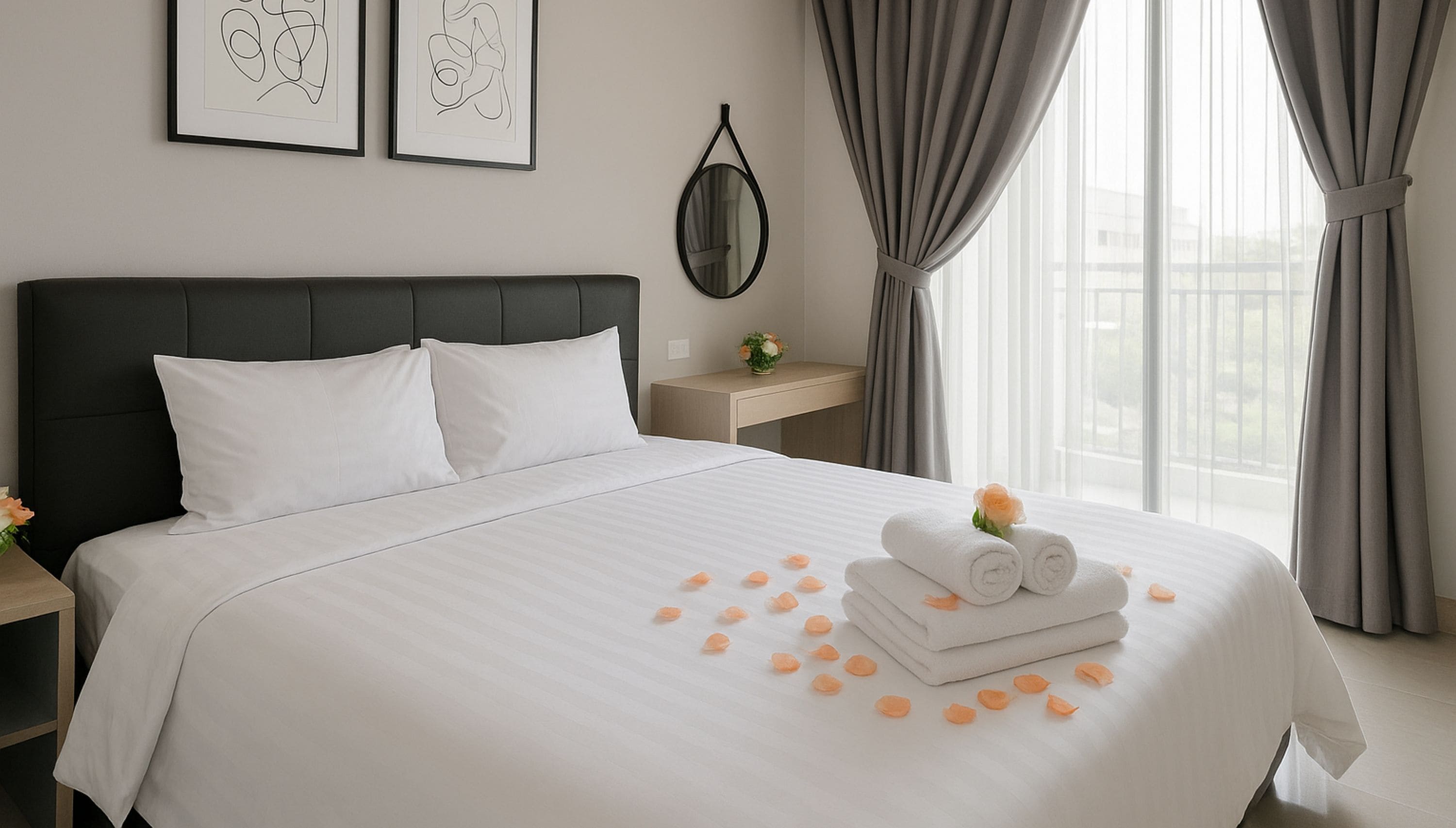 A hotel room with a large bed, a nightstand, a framed artwork, a mirror, and a window with curtains.