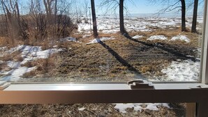 A view through a window of a room with a view of a snowy landscape, bare trees, and a clear blue sky. - Woodland cabin on the Bay (Peshtigo)