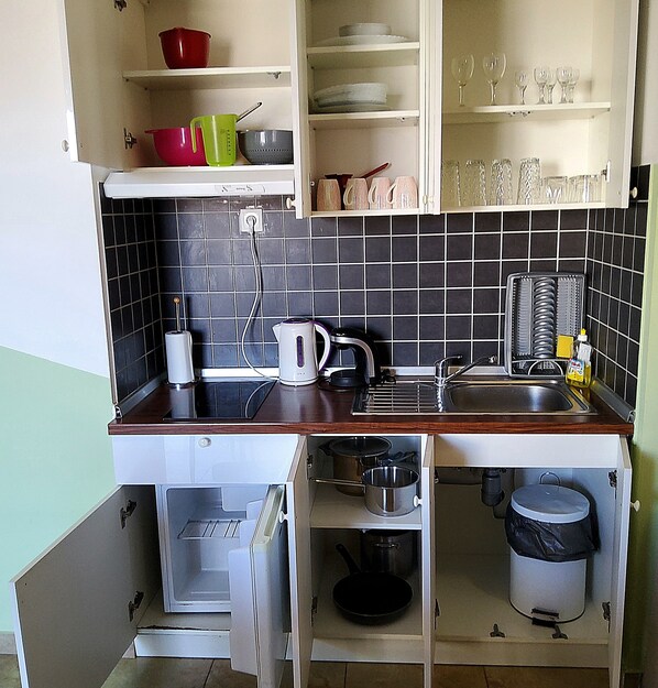 Frigorífico, horno, placa de cocina y utensilios de cocina
