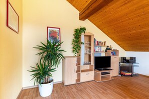 Una sala de estar con techo de madera, un televisor, una estantería y una planta en maceta.