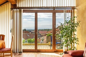 Una habitación con puerta corredera de vidrio que da a un balcón, una silla, un sofá y una planta en maceta.