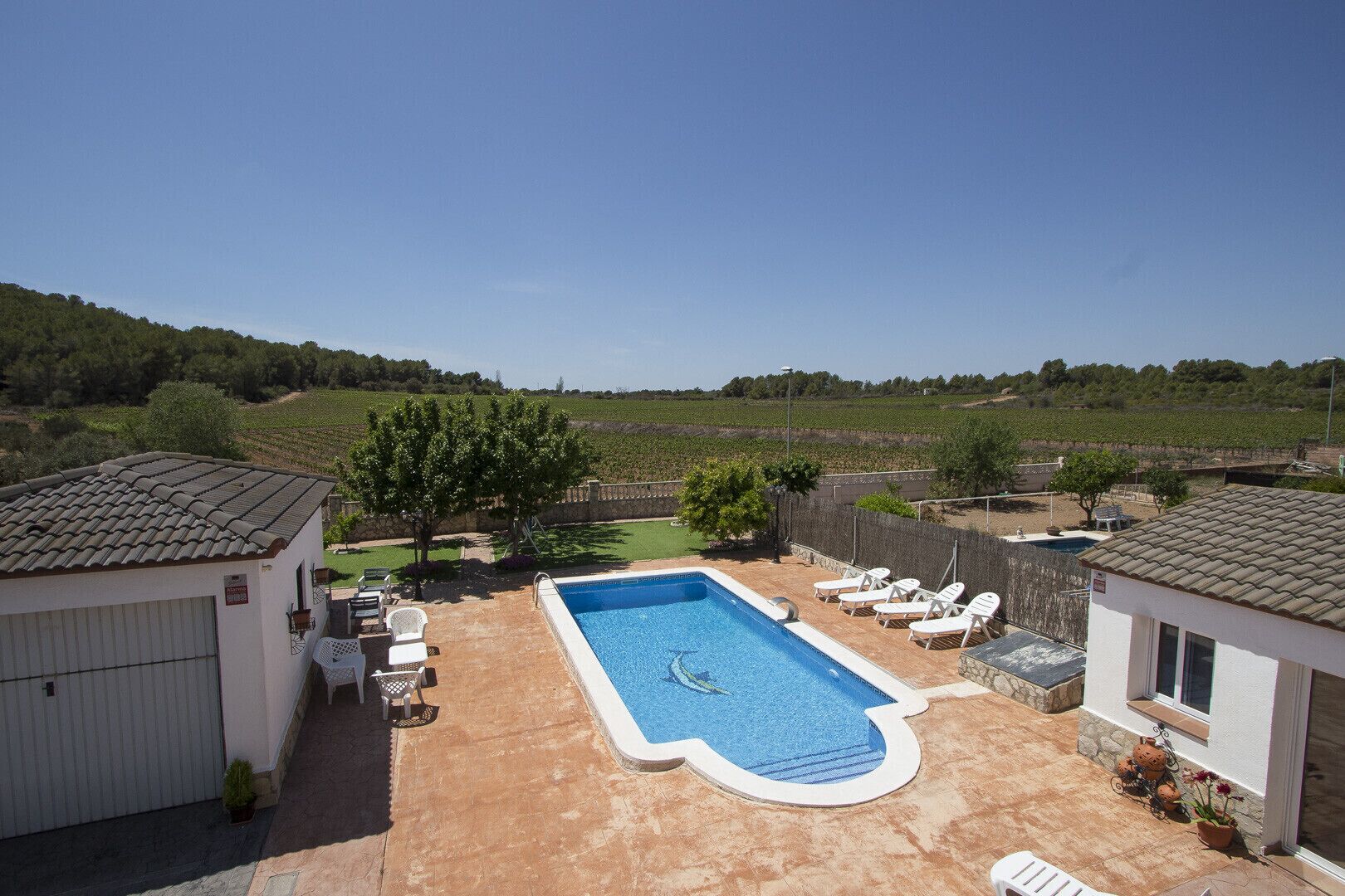 A rectangular swimming pool with a white border, surrounded by lounge chairs and a small deck area.