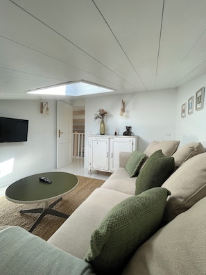 Smart TV, chimenea y libros