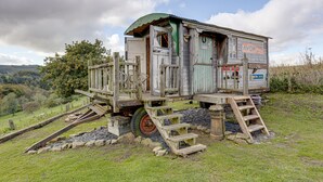 Un wagon de train rustique en bois, doté d’un toit vert et équipé d’une échelle et d’un escalier, est installé dans une zone herbeuse, avec un paysage pittoresque en arrière-plan.