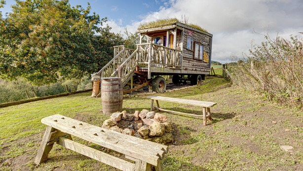 Eine rustikale Holzh ütte mit einer Holzterrasse, einem Feuerkorb und Picknicktischen.