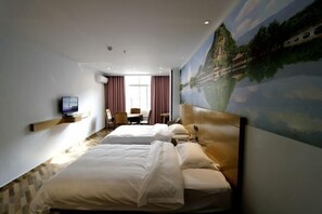 A hotel room with two beds, a TV, a painting, and a window with curtains. - Xilinger Hotel ( Dongxing Hezhou Road) (Dongxing)