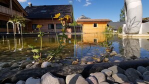 A wooden cabin with a pond, a large sculpture, and a mountain in the background.