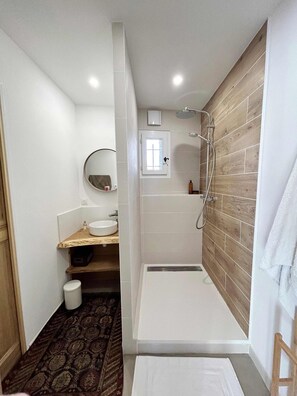 Shower, hair dryer, towels, toilet paper