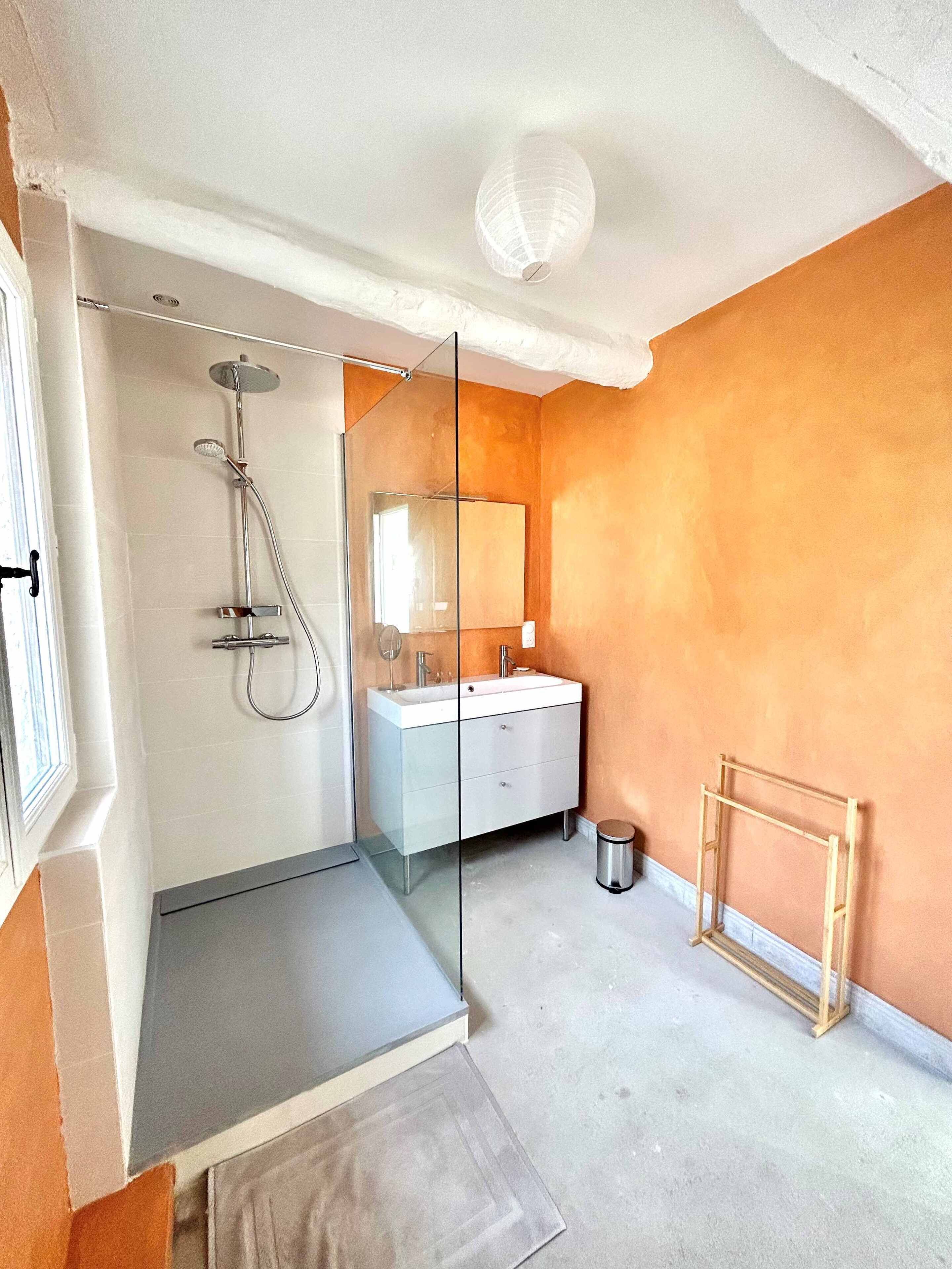 Une salle de bain avec une douche à parois de verre, un lavabo blanc et un miroir.