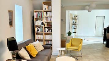 Télévision, cheminée, livres, chaßne hi-fi