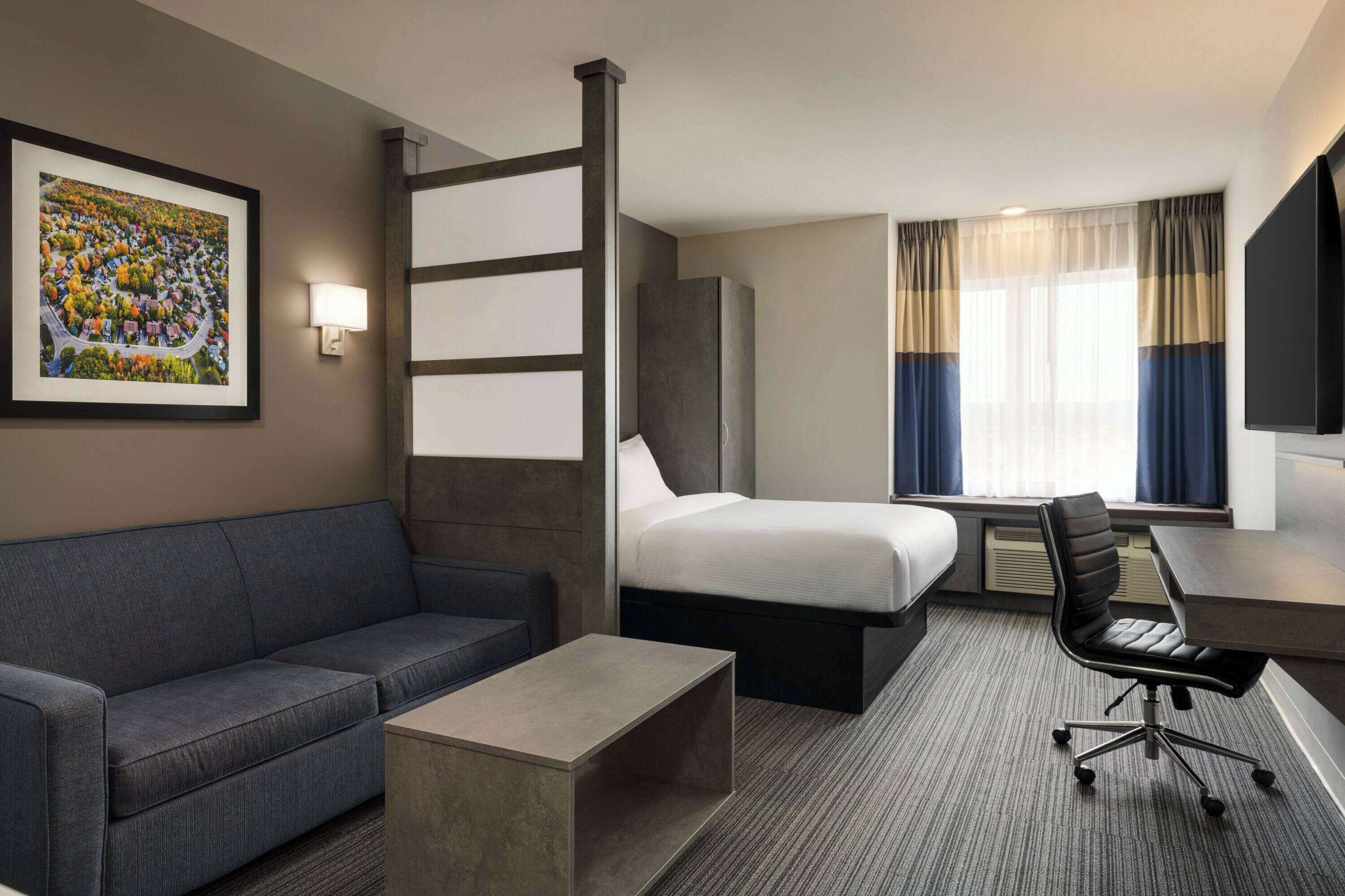 A hotel room with a bed, a sofa, a desk, and a chair.