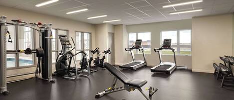 A gym with treadmills, elliptical machines, and free weights.