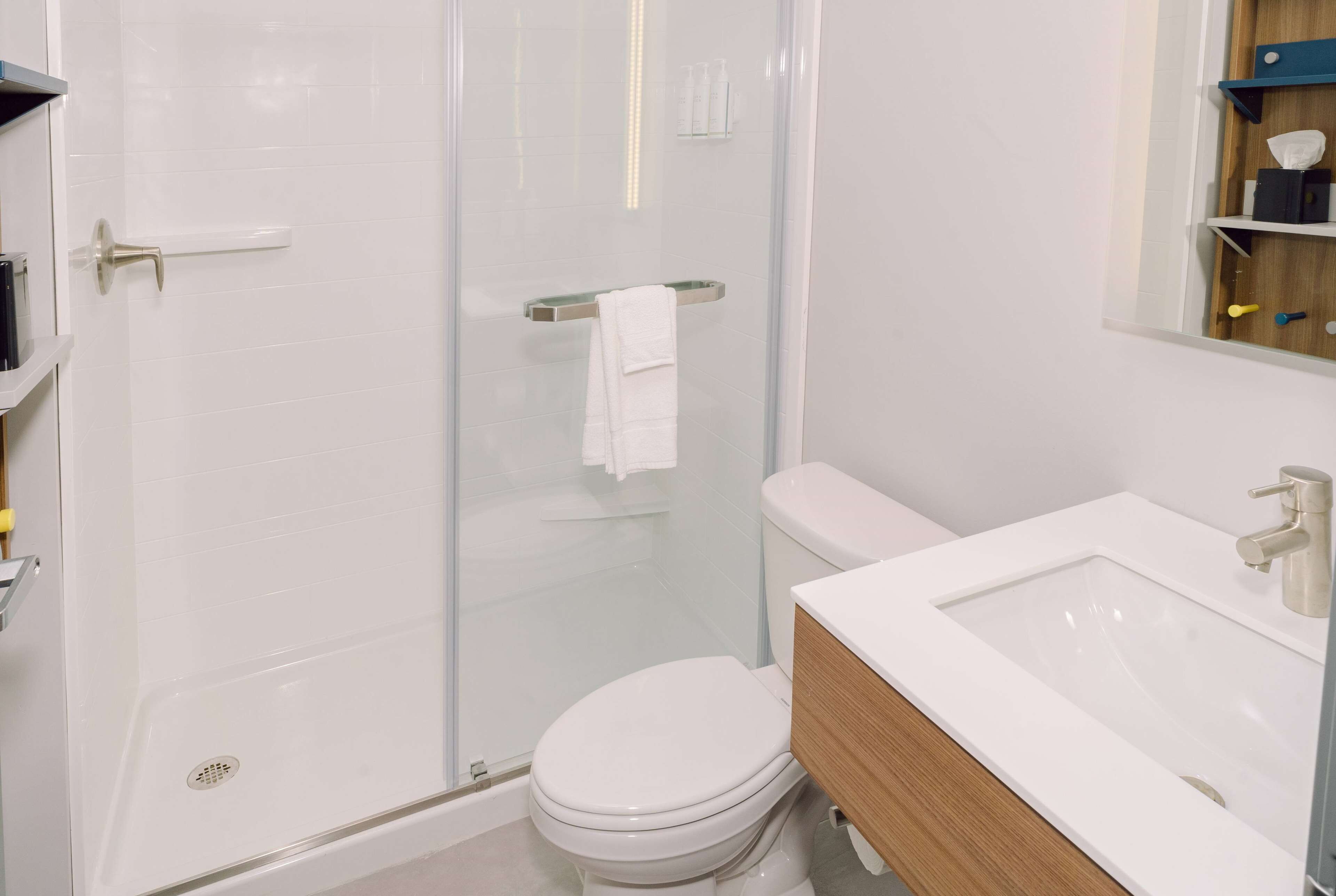 Ein modernes Badezimmer mit einer Duschkabine aus Glas, einer weißen Toilette und einem hölzernen Waschtisch.