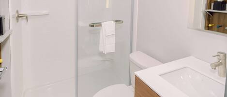 A modern bathroom with a glass shower enclosure, a white toilet, and a wooden vanity with a sink.