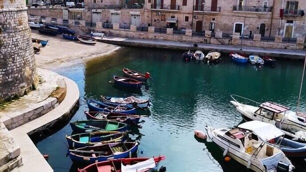 Un port de plaisance où sont amarrés plusieurs petits bateaux le long d’une jetée en pierre, le tout étant entouré de bâtiments historiques.