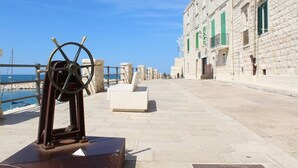 Un bâtiment en pierre offrant une vue dégagée sur la mer, une grande structure en forme de roue et une promenade pavée.
