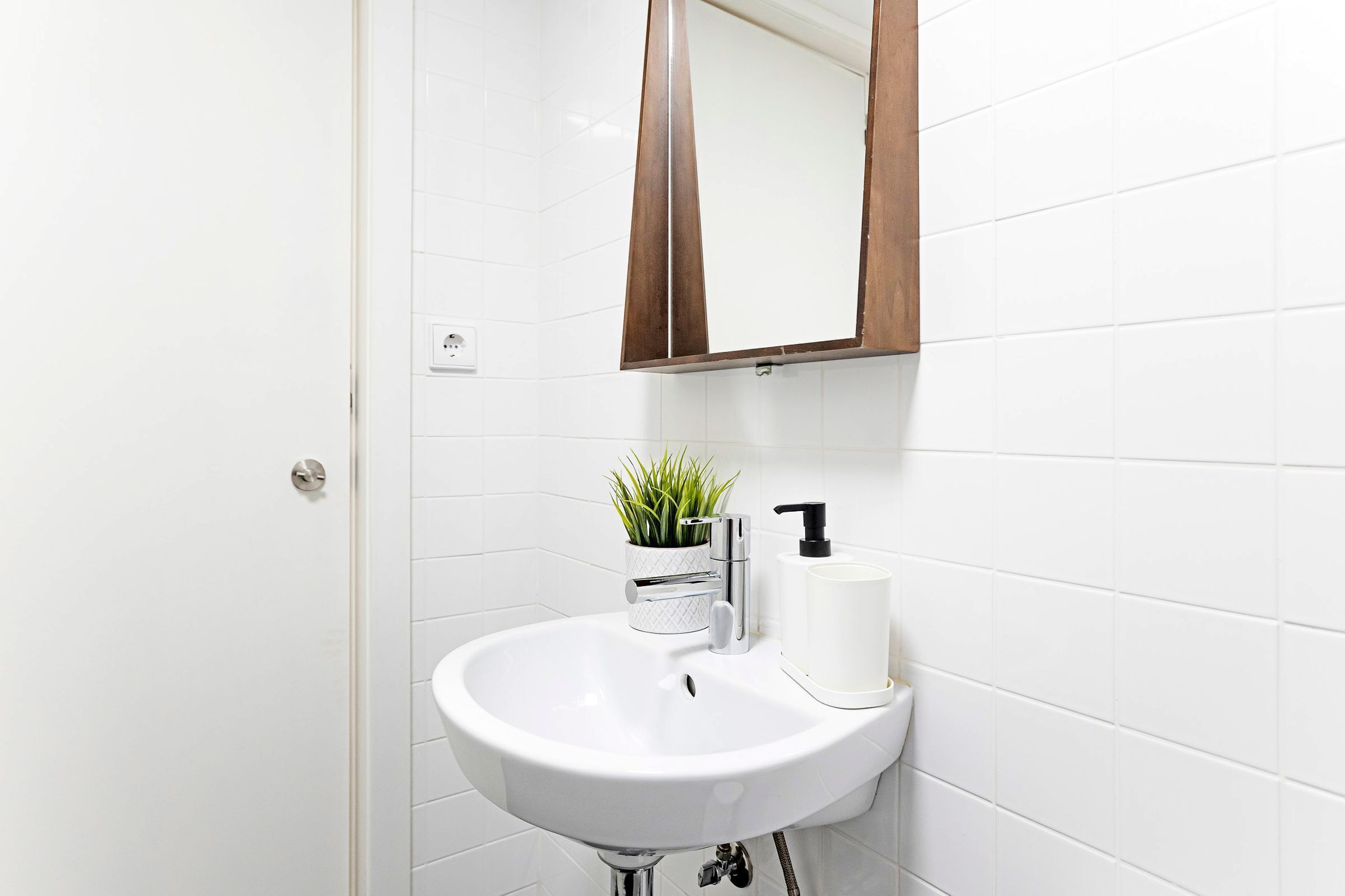 Une salle de bain avec un lavabo blanc, un miroir et une petite plante en pot.