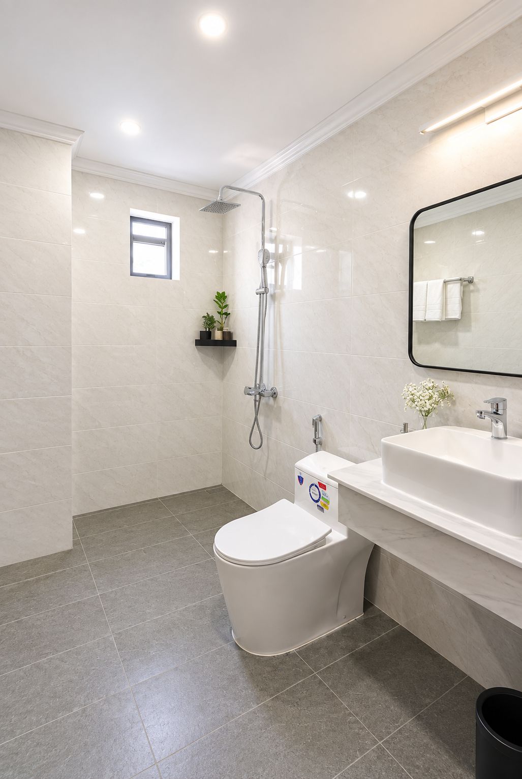 Un baño moderno con inodoro, lavamanos y ducha.