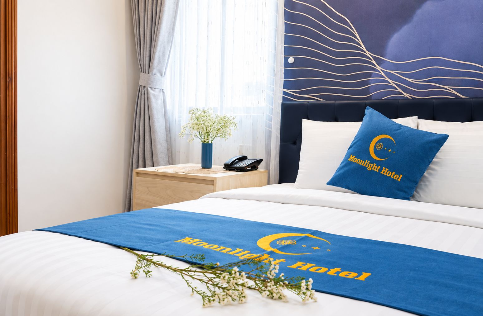 A hotel room with a bed, a bedside table with a phone, a vase with flowers, and a wall with a decorative design.
