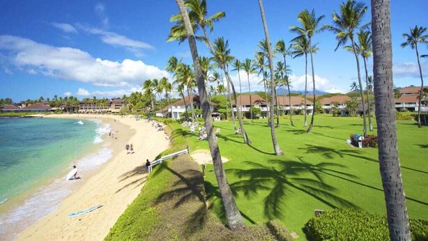 A beach with palm trees, a sandy shore, and a building with a red roof in the background. - Tranquil Retreat w/Split AC - Kiahuna 2052 (KOLOA)