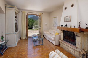 Smart TV, fireplace, books, printers