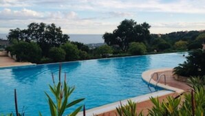 Ein großer Pool im Freien mit Blick auf das Meer und umliegendes Grün.