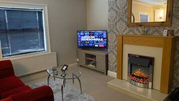 TV, fireplace, books
