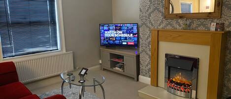 Télévision, cheminée, livres