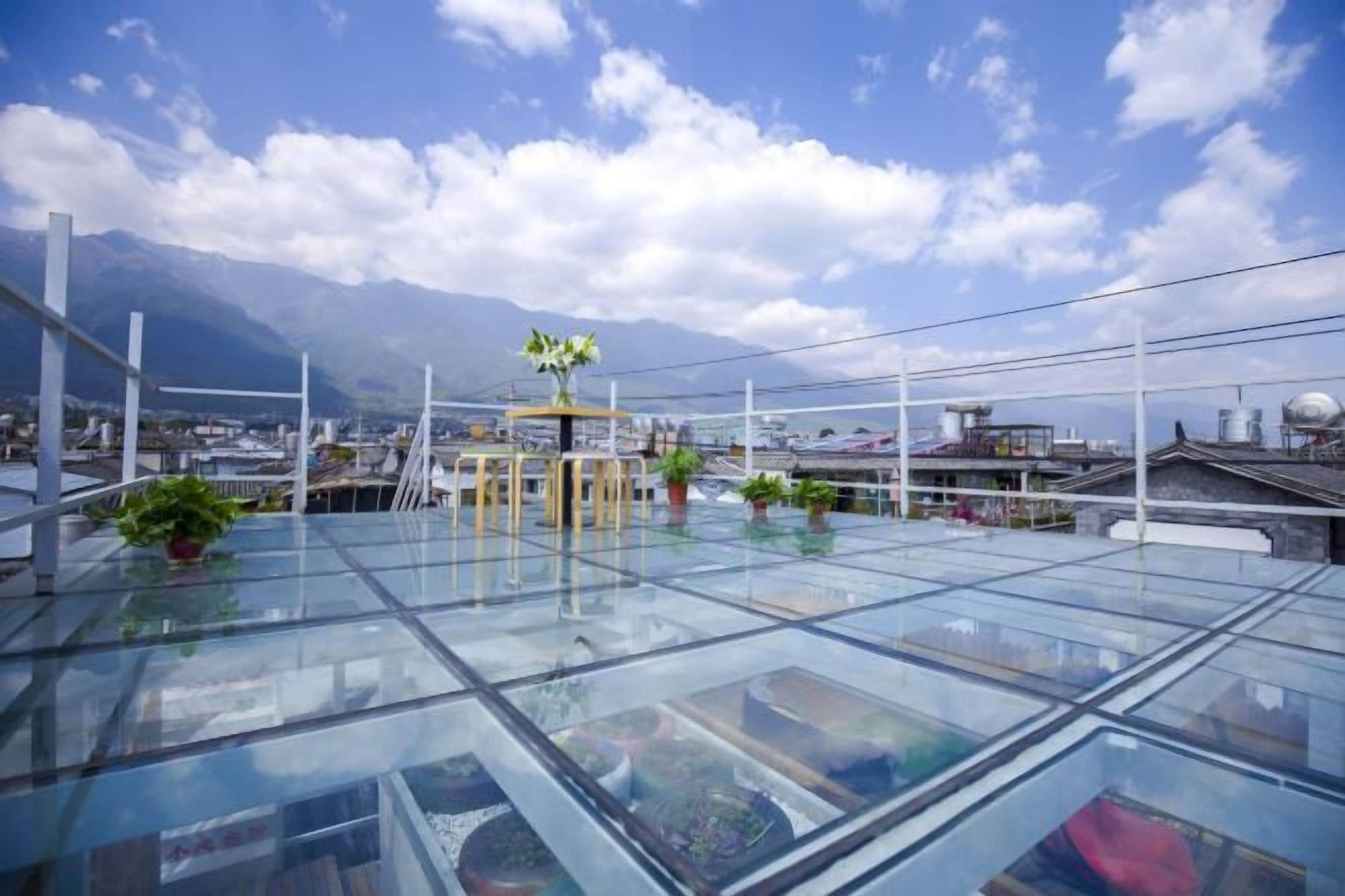 Terraza con techo de vidrio, plantas en macetas, una pequeña estructura amarilla y vista a edificios y montañas distantes.