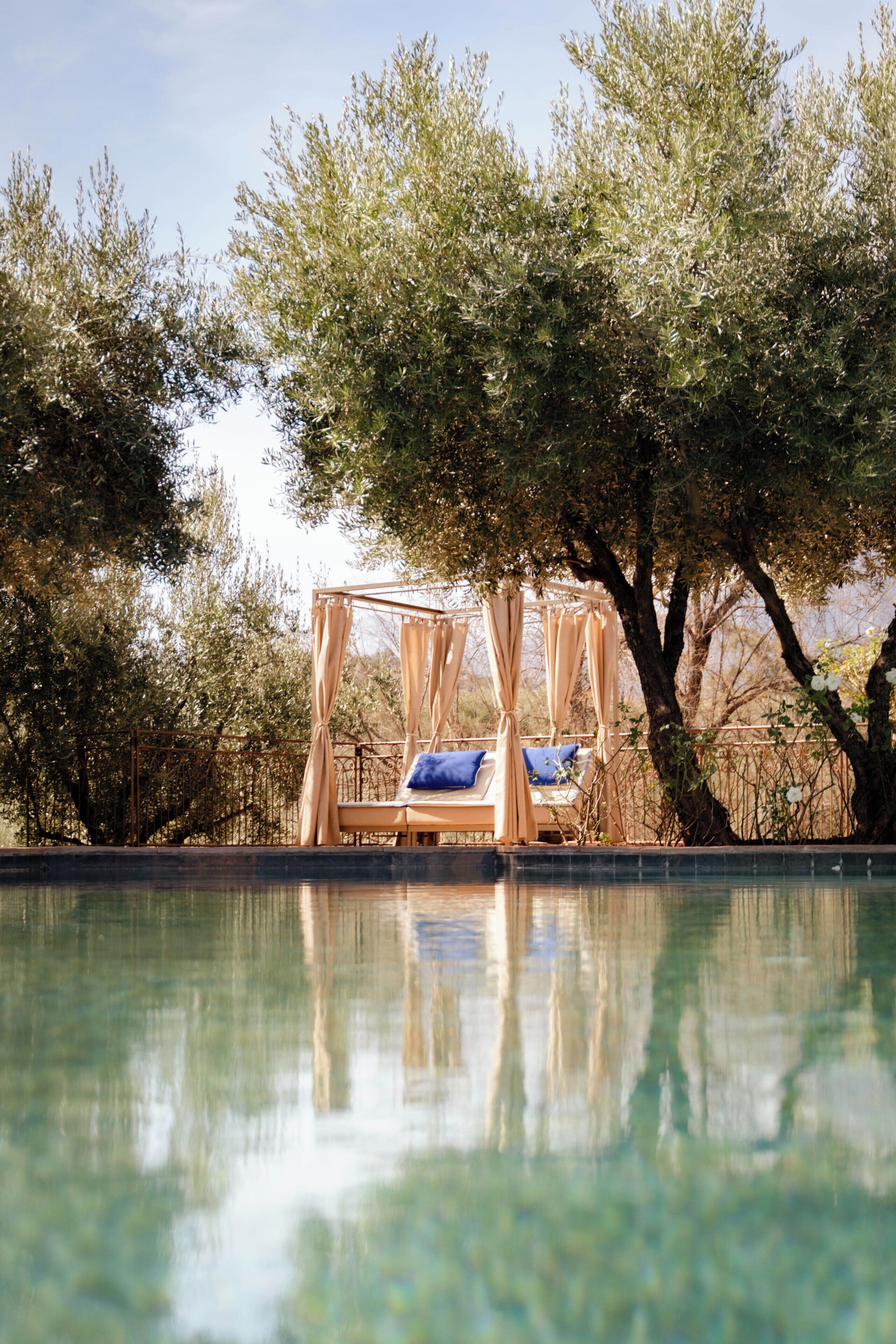 A serene outdoor setting with a canopy bed by a pool, surrounded by trees.