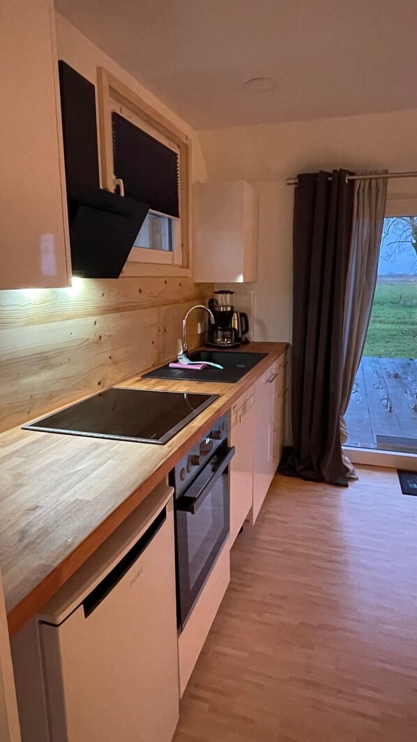 Fridge, oven, stovetop, dishwasher - Gulfhof Studio "Norderney" with a fantastic view of the nature reserve (Grossefehn)