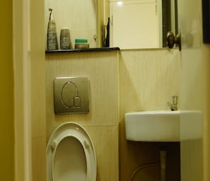Shower, hydromassage showerhead, free toiletries, towels