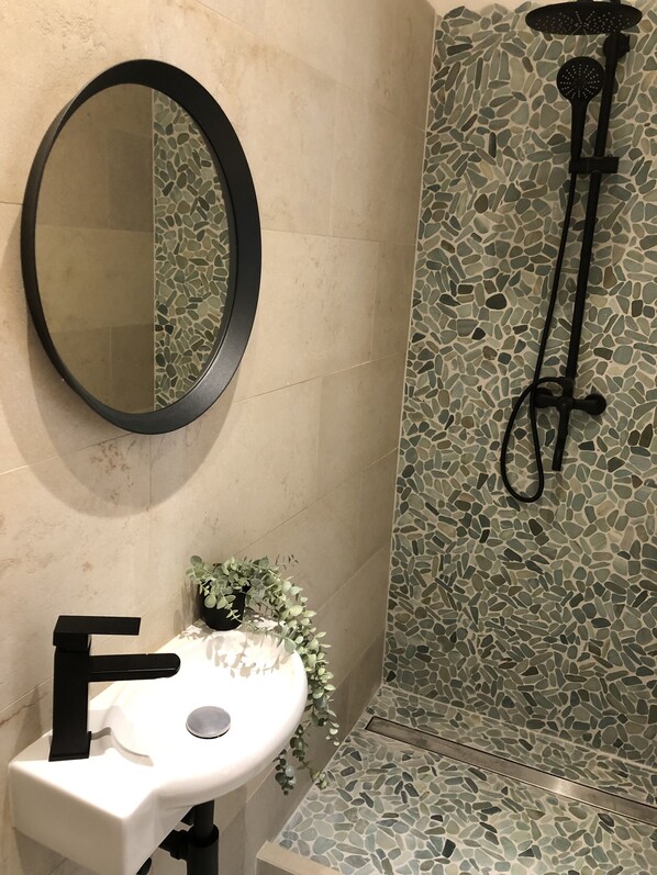 Shower, hair dryer, towels, soap