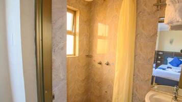 Shower, rainfall showerhead, bathrobes, slippers